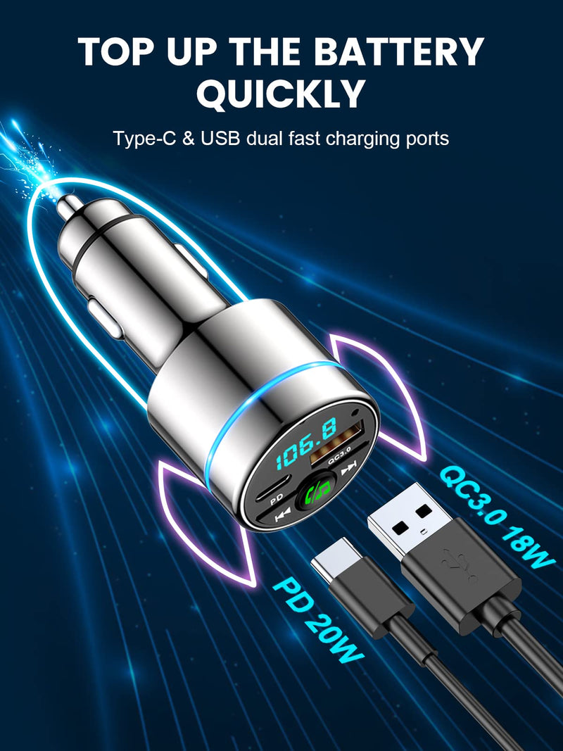 FM Transmitter for Car Bluetooth 5.3, [All-Metal] PD 30W & QC3.0 18W Fast Car Charger, Wireless FM Radio Car Kit Bluetooth Car Adapter, Noise Cancelling Hands-Free Call, Blue Light - Silver
