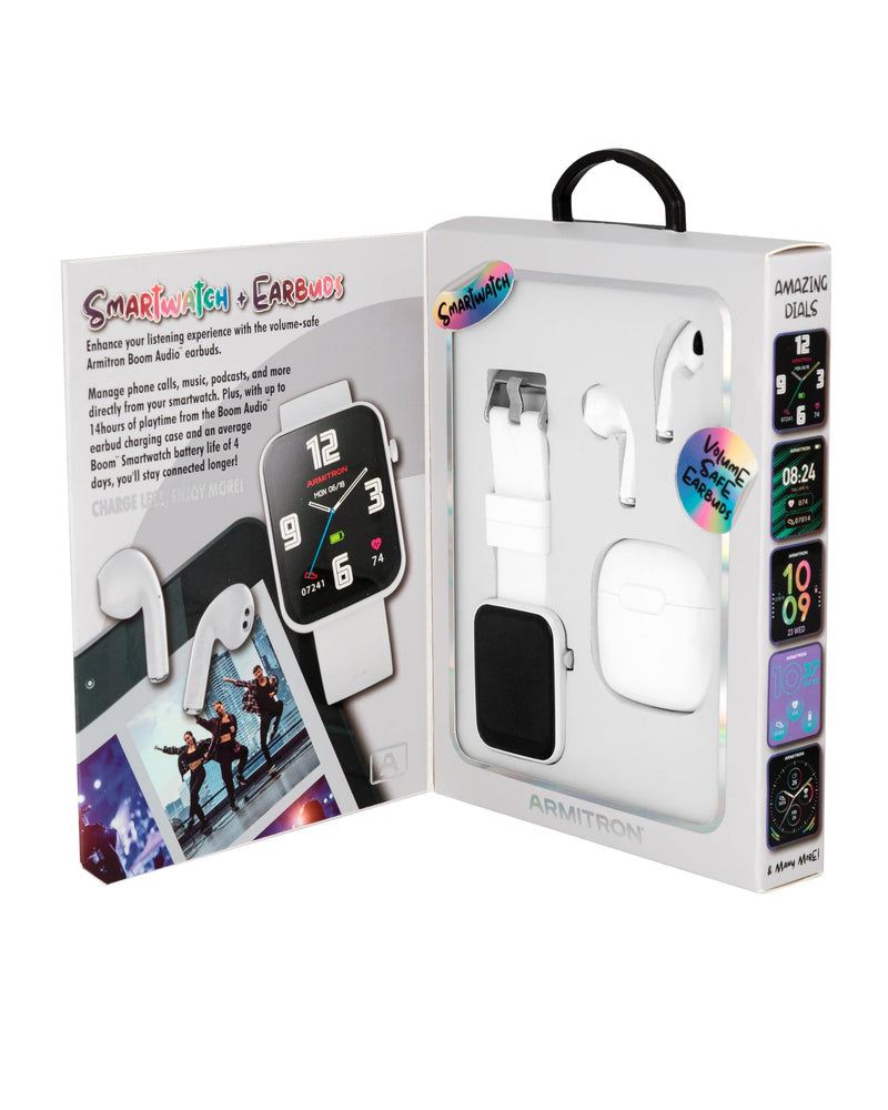 Armitron Connect Boom Smartwatch and Earbuds, Health and Fitness Tracker, Sport Modes, Water Resistant and More White