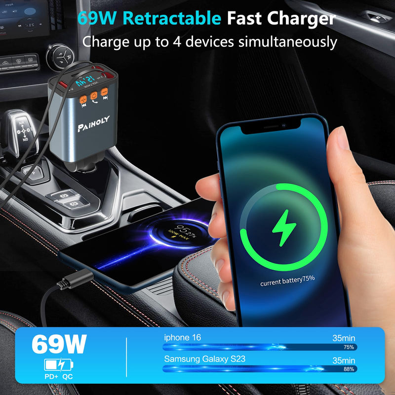 [AUSTRALIA] - Bluetooth 5.3 Car Adapter, FM Transmitter Bluetooth Car Charger, 4 in 1 Retractable Car Charger, Phone USB C PD Fast Charging Adapter for RV SUV Truck, Fit iPhone 17/16/15/14 (Type C & Lightning) Grey 