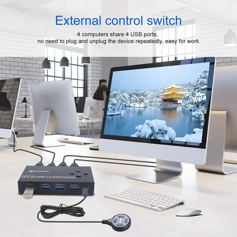 KCEVE USB 3.0 Switch, USB Switcher Selector 4 Computer Sharing 4 USB Devices Printer, Scanner, Mouse, Keyboard, Compatible with Mac/Windows/Linux, with 4 Pack USB 3.0 Cables 4x4 USB Switch