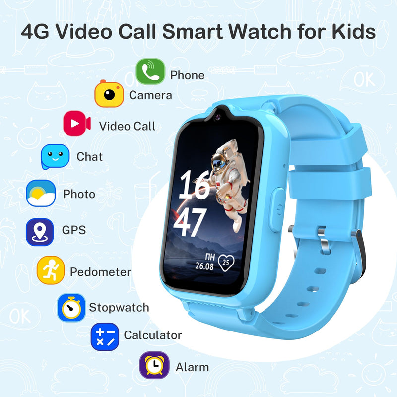 4G Kids Watch with GPS Tracker | Kids Smart Watch with Video & Voice Calling Alarm SOS Pedometer Calculator Camera HD Touch Screen School Mode, Gift Watches for Kid, Boys and Girls Age 8-12