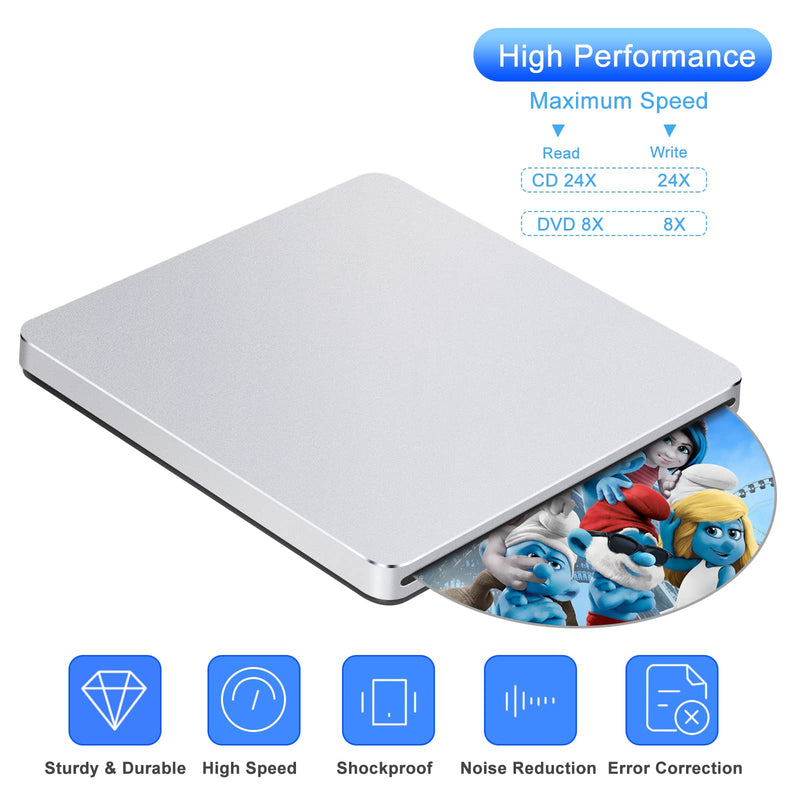 Guamar USB Superdrive for Apple Mac: Slim CD Burner Reader Aluminum Silver | Slot-in Portable DVD Player for MacBook Air/Pro/Neo,External CD/DVD Drive for Laptop PC Windows,USB C Adapter,Plug & Play Matte Silver