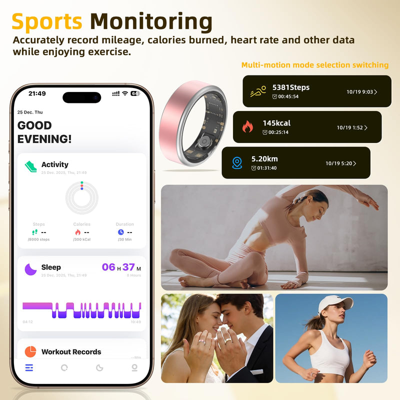 Smart Ring Long-Lasting Battery Chip Fitness Tracker Monitors Heart Rate Blood Oxygen Levels Records Sleep Step Count Waterproof Function Christmas/Valentine's Day Gift (Silver, 10) Silver