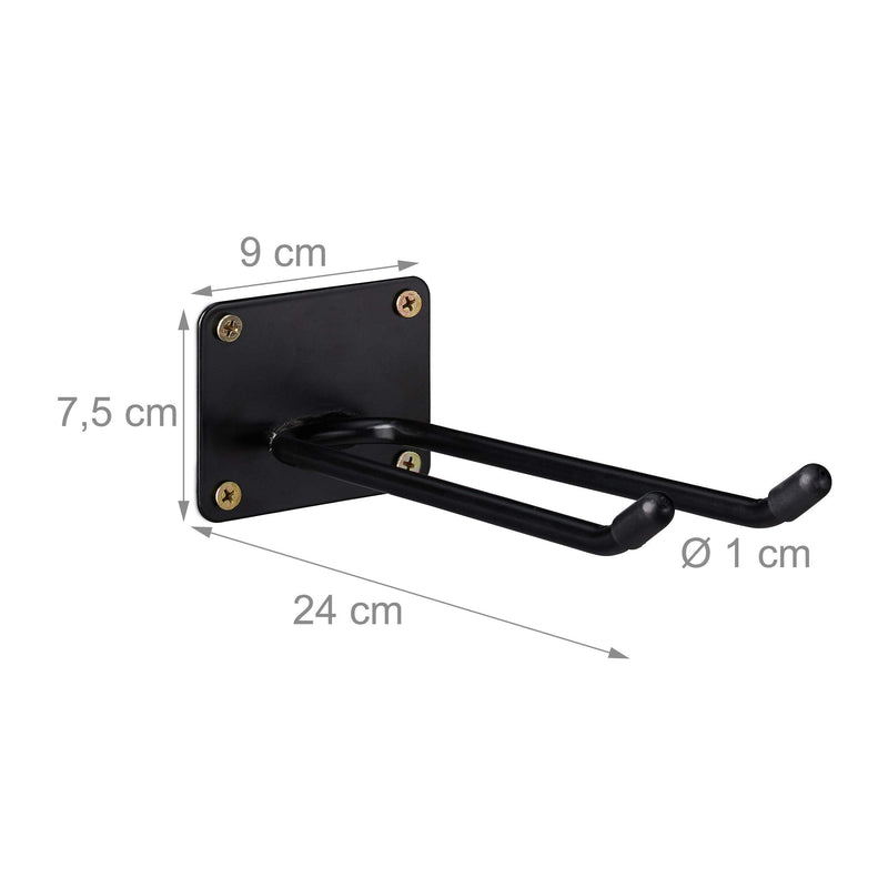 Relaxdays Tool Holder Wall Mount, Double Hook, Broom Holder, Spade Holder for Screwing on, Wall, Steel, 24 cm, Black, Pack of 1 1 Stück