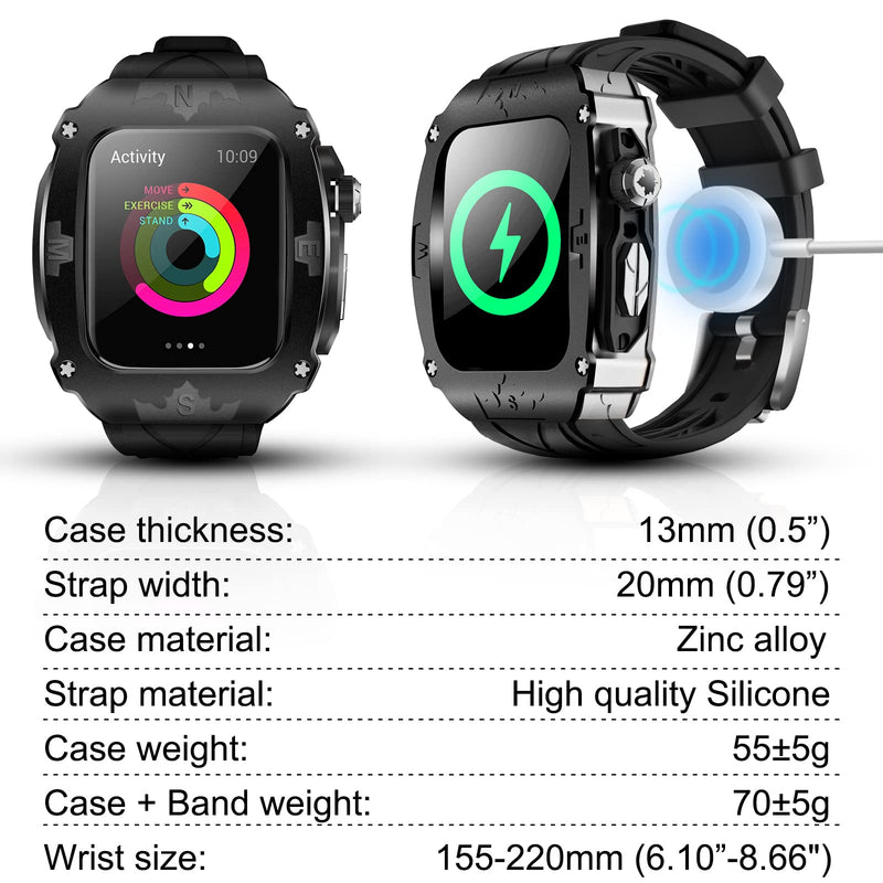 Luxury Metal Case for Apple Watch 9 8 7 45mm 6 44mm Band with Cover Heavy Duty Rugged Case Silicon Strap for men iWatch 6 5 4 SE 44mm Full Protective Cover (Black-Silver) Black-Silver 44/45