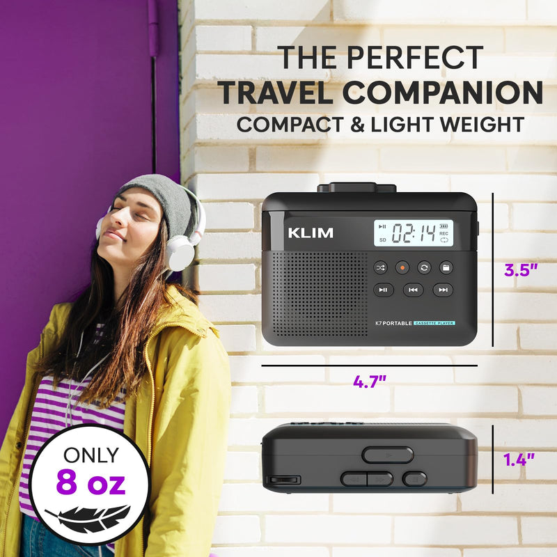 [AUSTRALIA] - KLIM K7 Cassette Tape Player + Cassette to MP3 Converter + Portable Cassette Player + Built-in Microphone & Speaker + Rechargeable Battery + Earphones + 8GB SD Card 8GB Black 