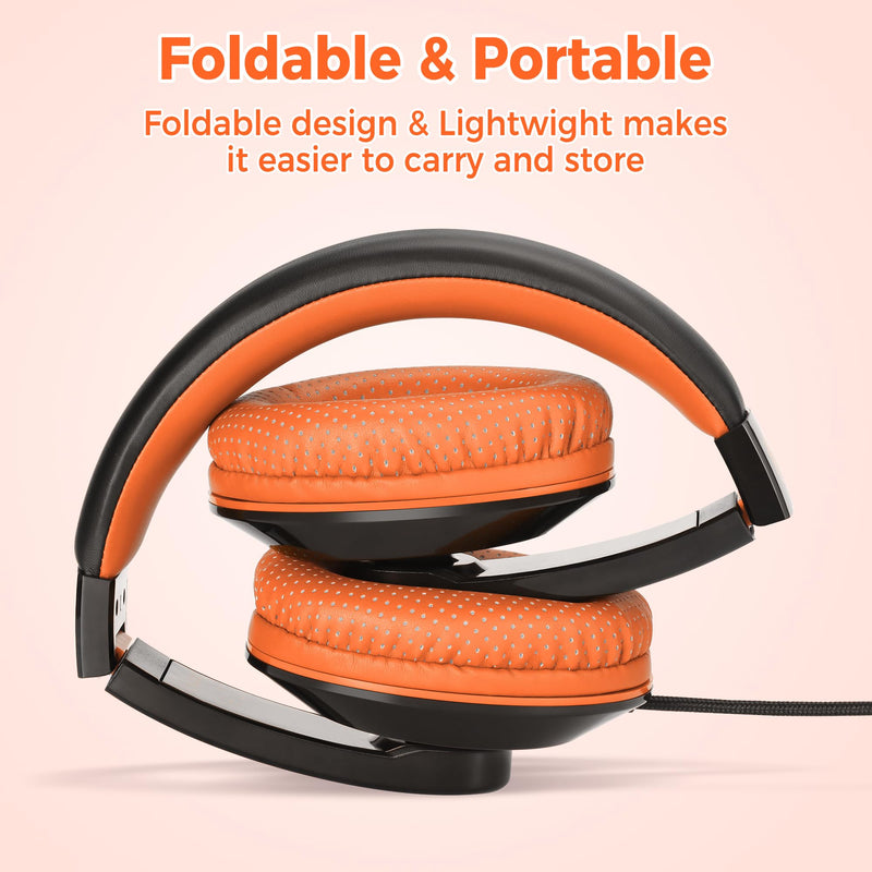 rockpapa 2Pcs Wired Kids Headphones with Microphone & 3.5mm Cord for School | Lightweight Corded Foldable Childs Boys Girls Youth Head phones for Airplane Classroom Tablets Phones Laptop PC Blue+Orange Blue/Black/Orange/Black