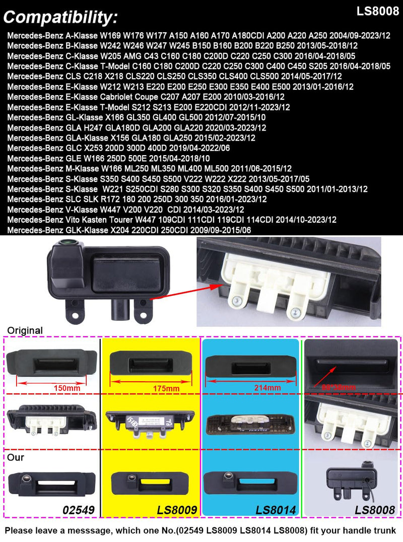 Super Pro HD Car Reversing System Parking Assistance -Waterproof Trunk Handle Reversing Camera, for Mercedes Benz E Class W210 W211 W212 C207 W207 E200 E200L E260 E300 E300L E350 E63 Trunk Handle 18mm Len Camera LS8008 = 38*88mm
