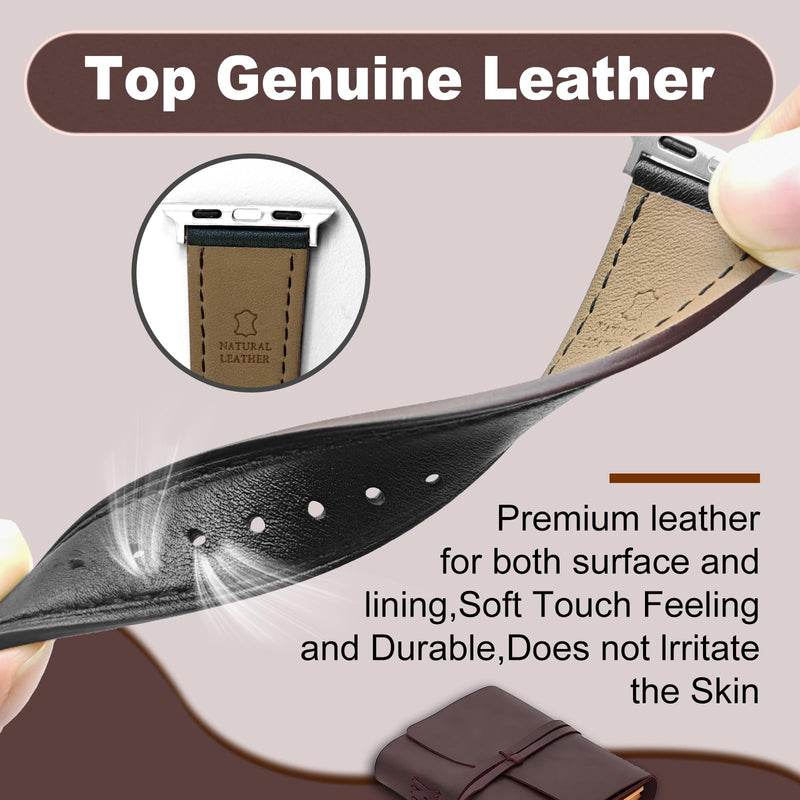 2 Pack Genuine Leather Band (Black and Beige) Compatible with Apple Watch Band for Women Men 49mm 46mm 45mm 44mm, for iWatch Series 10 9 8 7 6 SE 5 4 3 2 1 Ultra Ultra 2