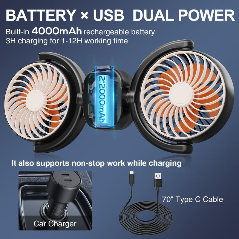 Dealswin Rechargeable Car Fan for Back Seat, Battery and USB Dual Power Car Fans for Baby Kids, Powerful 3 Speeds 360° Rotatable Dual Head Cooling Car Seat Fan Large