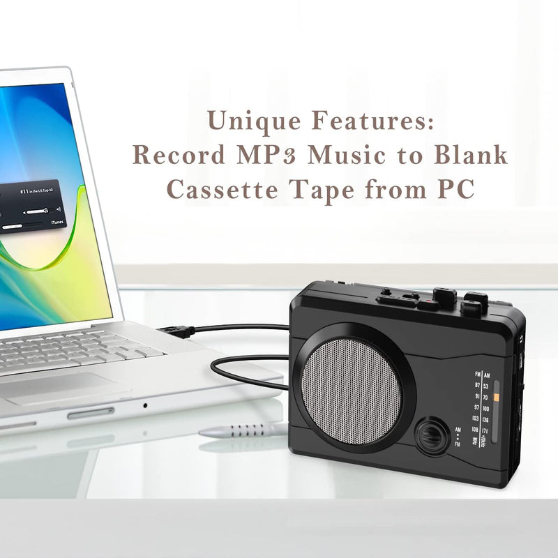 Cassette Player Recorder, Portable Retro Tape Player Audio Recording, AM/FM Radio, Tape to MP3 Converter, Built-in External Speaker,Suitable for Leisure Sports,Entertainment,Everyday Recording(Black) Black
