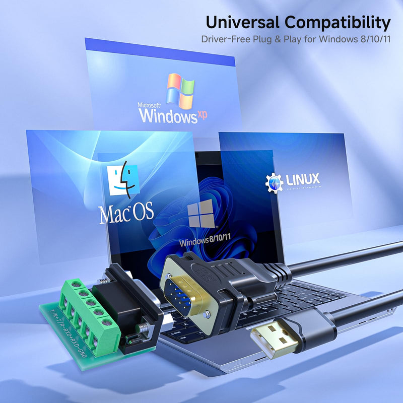 USB to RS232 RS485 RS422 Converter, USB 2.0 to Serial Adapter Cable with FT232RL Chip, DB9 Male to USB-A for Industrial Communication, POS, CNC, PLC, Windows, Mac, Linux（6FT）