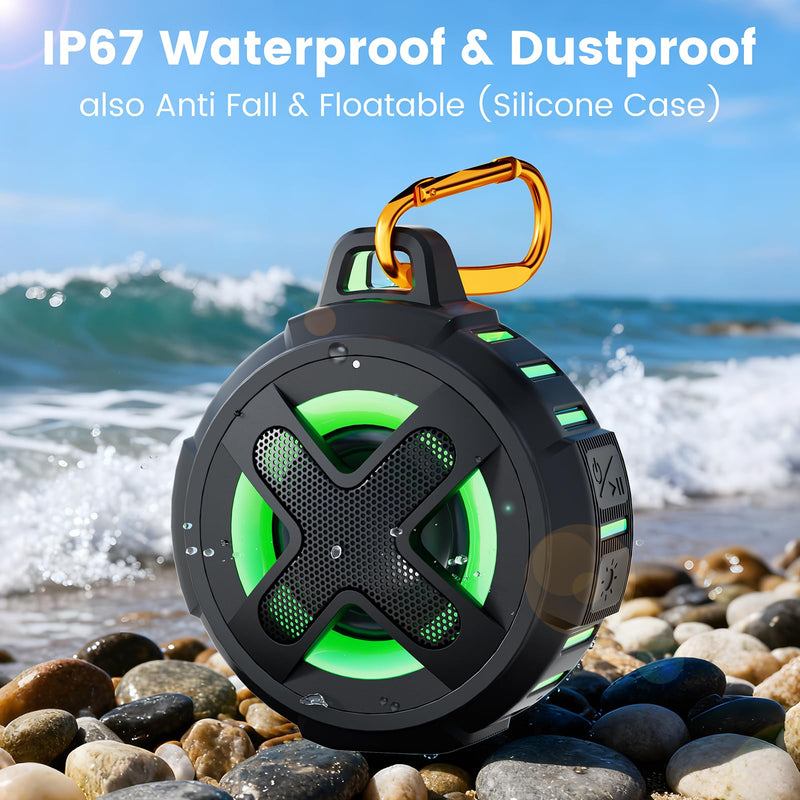 [AUSTRALIA] - Upgraded, IP67 Waterproof Bluetooth Speaker, Silicone Case,10W Pro Sound&Deep Bass,24H Playtime, with Lights,Clip,Floating,for Shower,Beach essentials, Kayak Paddle Board Boat Lake Camping accessories A-Black 