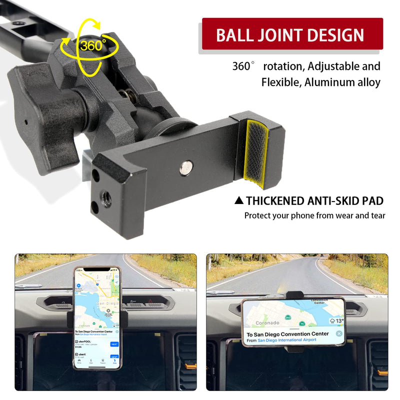 OMU Bronco Phone Mount Compatible with Ford Bronco 2021 2022 2023 2/4 Door,Dual Ball Socket All-Metal Cell Phone Holder,360°Adjustable Dash Mount for Ford Bronco Accessories Without GoPro MOUNT