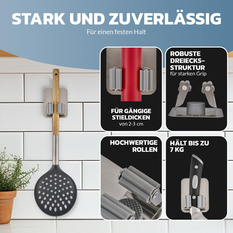 Self-Adhesive Broom Holder & Device Holder Wall No Drilling and Screws Robust Stainless Steel Wall Bracket for Brooms, Tools, Pans, Garden, Workshop, Garage, Kitchen, Bathroom (Silver, 4) Silver
