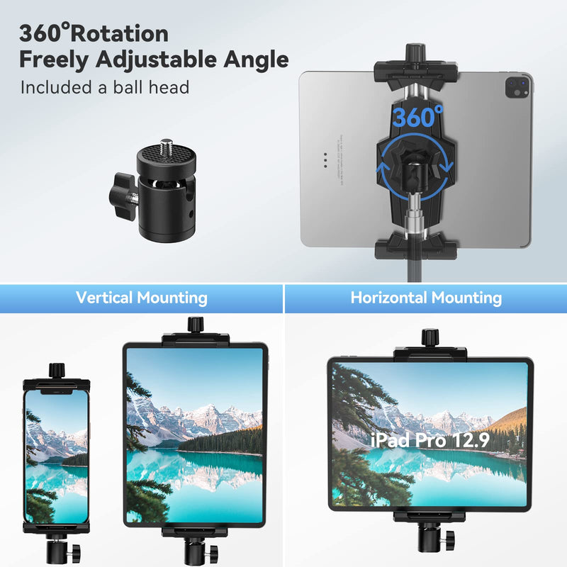 [AUSTRALIA] - iPad and Phone Tripod Mount Adapter with Ball Head, iPad Holder for Tripod, 360 Rotatable Tablet Clamp Mount fits iPad Pro 12.9, iPad Air Mini 3 4, Galaxy Tab, Surface Pro, Selfie Stick(5.3-10.6") Black 