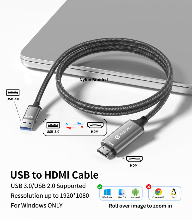 Reborn USB to HDMI Adapter Cable 10FT, 1080P@60Hz USB 3.0 to HDMI Multi-Display Cable Converter Suitable for Macos Windows 7/8/10/11 - Driver Installation is Required (Pack of 2) 10FT (Pack of 2)