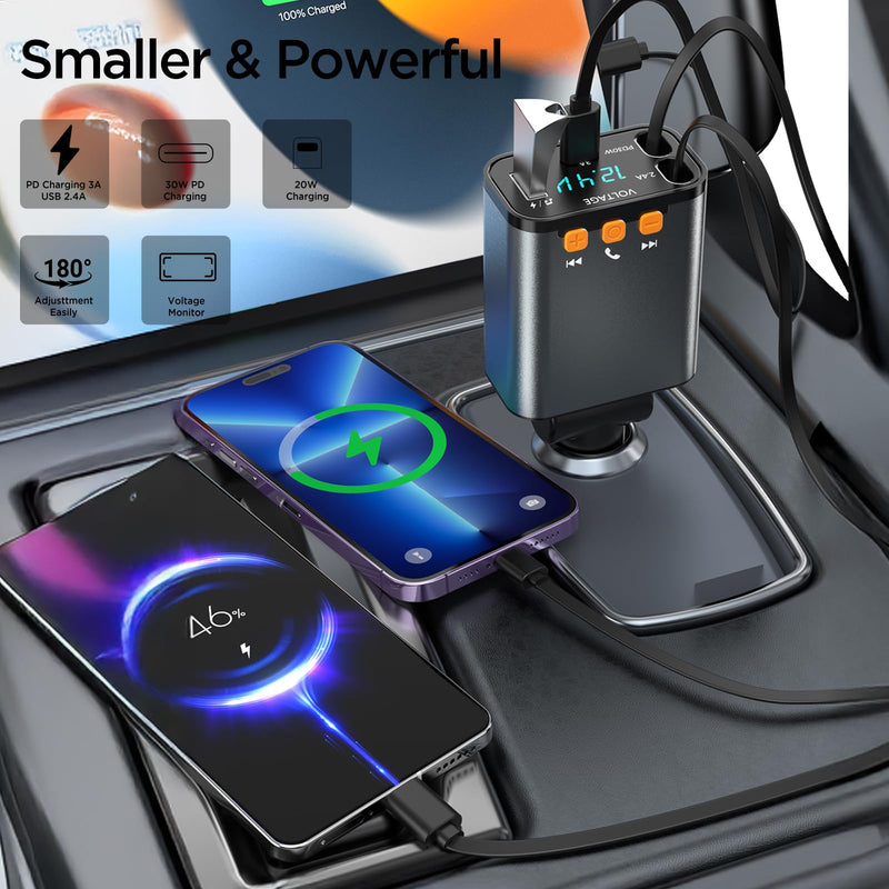 [AUSTRALIA] - Retractable Car Charger,5 in 1 PD Car Phone Charger with Bluetooth 5.3 FM Transmitter,Handsfree Call and MP3 Player,2 Retractable Cables and USB Charging Adapter for Cars Phone,Galaxy,Pixel(Grey) Grey 