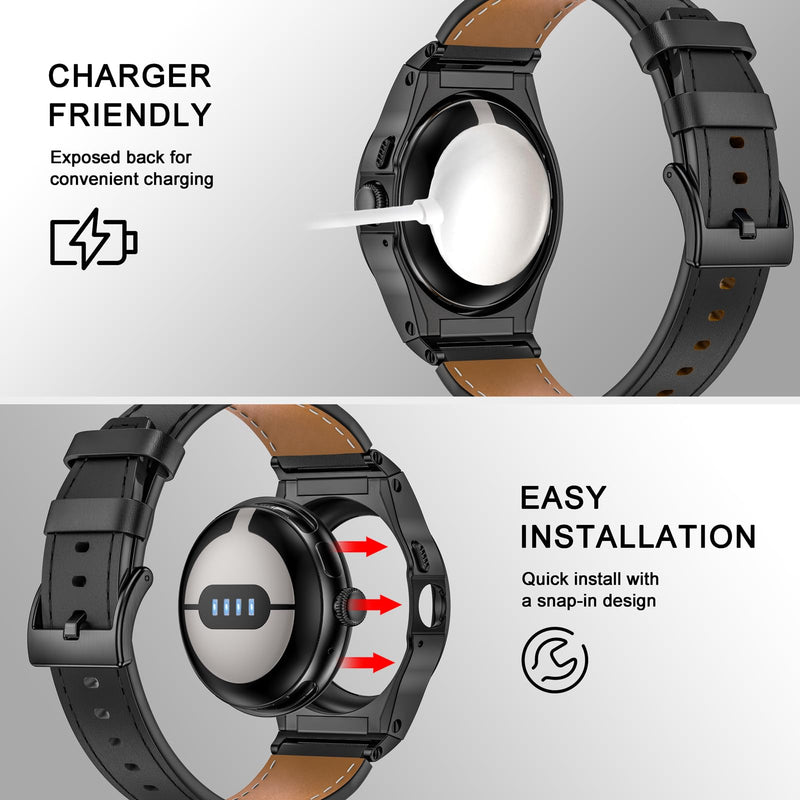 MioHHR Leather Bands with Stainless Steel Case for Google Pixel Watch 45mm | 41mm Metal Cover and Genuine Leather Strap Compatible with Pixel Watch 3/2/1 for Men Women,Comfort,Durability Black 45mm for Google Pixel Watch 3