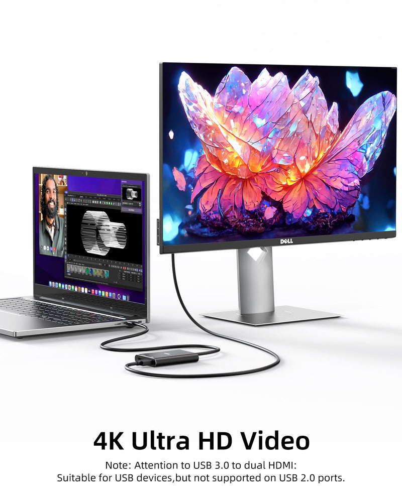 USB 3.0 to Dual HDMI Adapter Compatible with Windows/Mac OS, 4K@30Hz/1080P@60Hz, Hdmi USB to HDMI Splitter, MST Mode, USB to hdmi Adapter for 2 Monitors