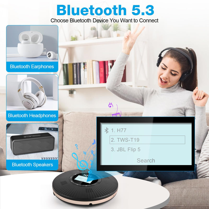 HOTT CD Player Portable with 4 Speakers, Portable CD Player with 5.3 Bluetooth and FM Transmitter with Big LCD Screen Rechargeable 1800mAh Small Walkman CD Players with Headphones for Car Home Travel C228 Black