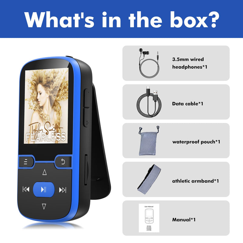 [AUSTRALIA] - 64GB MP3 Player with Clip Bluetooth 5.3 Portable Music Player for Kids with FM Radio, Pedometer, Voice Recorder, Shuffle and Repeat, Weighs Only 28g for Sport and Running, TF Card Up to 128G(Blue) Blue 64GB 