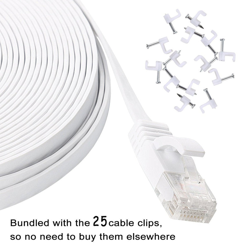 Cat 6 Ethernet Cable 100 ft Flat White, Slim Long Internet Network Lan patch cords, Solid Cat6 High Speed Computer wire with clips & Rj45 Connectors for Router, modem, faster than Cat5e/Cat5, 100 feet 100ft-1Pack
