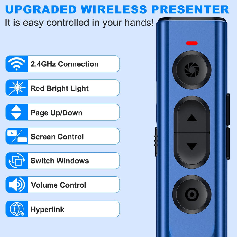 2 in 1 USB Type C Rechargeable Presentation Clicker, Wireless Presenter Remote for PPT Clicker, 2.4GHz Presentation Remote Slide Advancer Powerpoint Clicker for Mac/Computer/Laptop/Keynote… Blue
