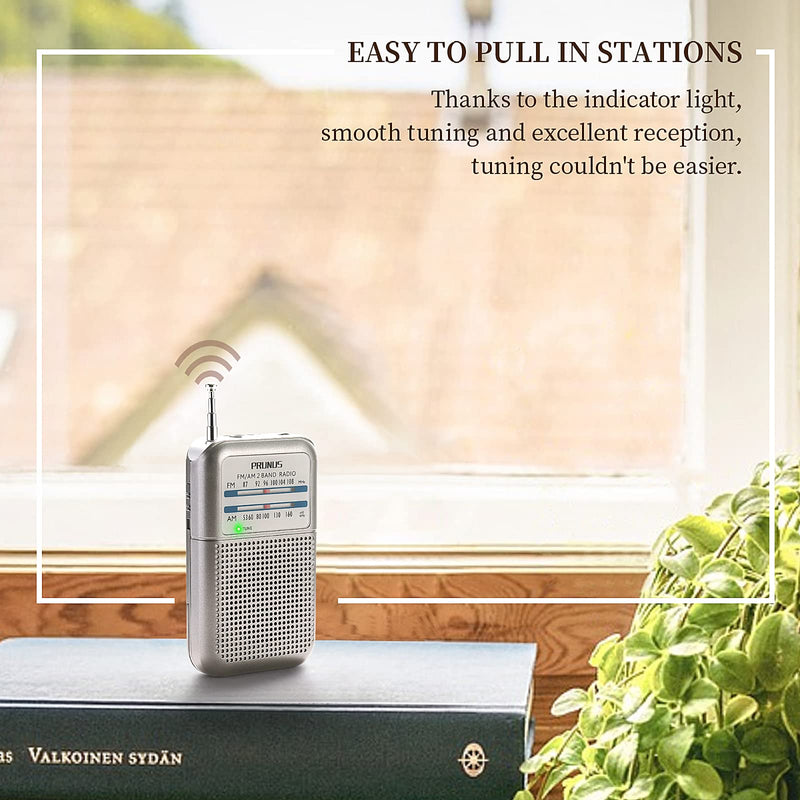 [AUSTRALIA] - Pocket AM FM Radio Portable, Mini Transistor Radio with Excellent Reception, Tuning Knob with Signal Indicator, AAA Battery Operated for Walking and Jogging, DE333 by PRUNUS Silver01 