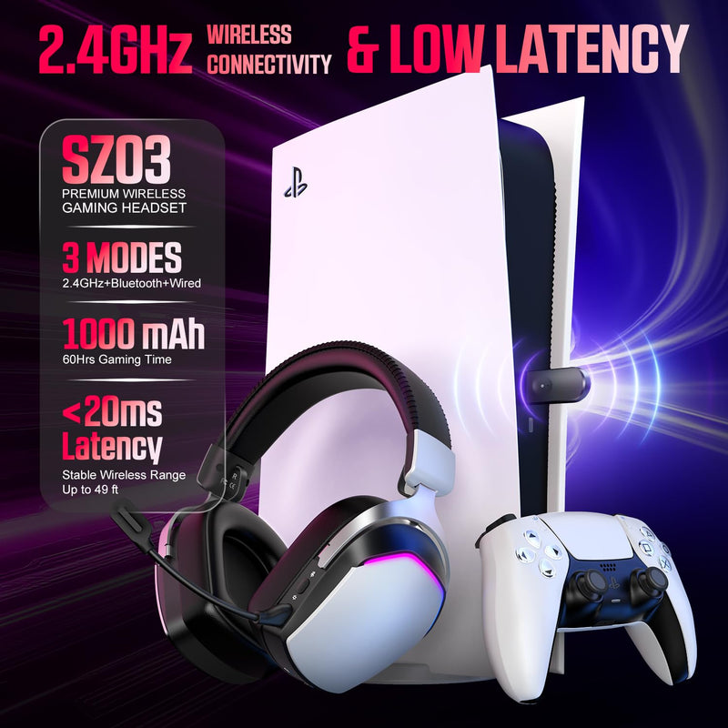 Wireless Gaming Headset for PS5 PS4 PC Mac Switch, RGB Headphones with 7.1 Surround Sound, Bluetooth 5.4, 60H Battery, Noise Canceling Mic & 50mm Drivers