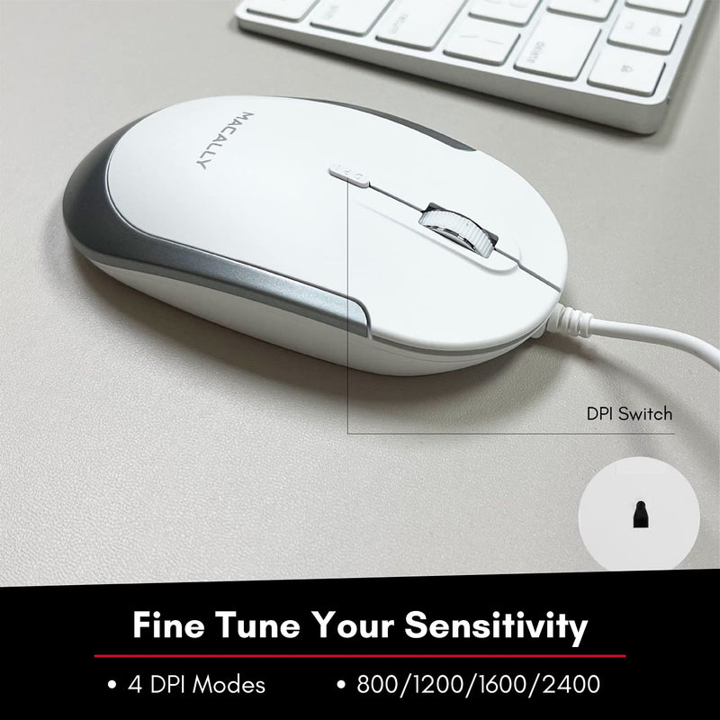 Macally Silent Wired Mouse - Slim & Compact USB Mouse for Laptop/Desktop Windows PC or Apple Mac - Designed with Optical Sensor & DPI Switch - Simple & Comfortable Wired Computer Mouse (White) White with Silver Trim