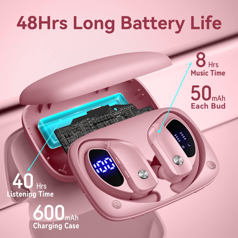 bmani 2 Sets Wireless Earbuds Bluetooth Headphones 48hrs Play Back Sport Earphones with LED Display Over-Ear Buds with Earhooks Built-in Mic Headset for Workout Pink+Green