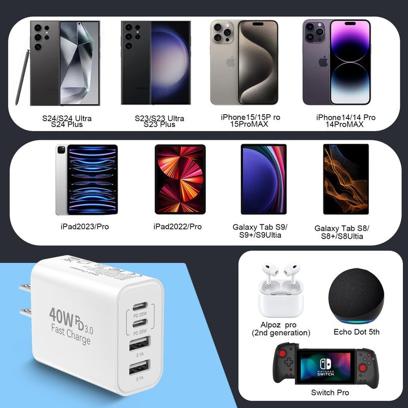 40W USB C Wall Charger Block,4 Port Type C Charger Fast Charging Brick Dual Pd & QC Fast Charger Cube Wall Plug Power Adapter for iPhone 15/14/13/12/11/Pro Max/XS/XR,iPad,Samsung,Pixel,2Pack White