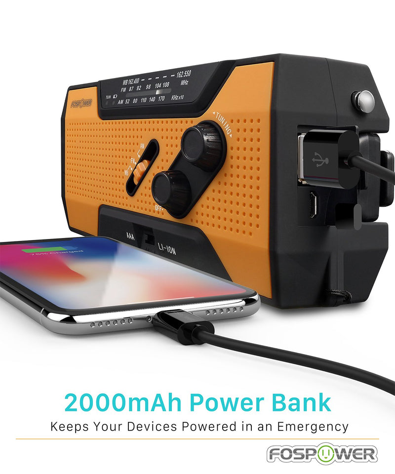 FosPower 2000mAh NOAA Emergency Weather Radio (Model A1) Portable Power Bank with Solar Charging, Hand Crank & Battery Operated, SOS Alarm, AM/FM & LED Flashlight for Outdoor Emergency
