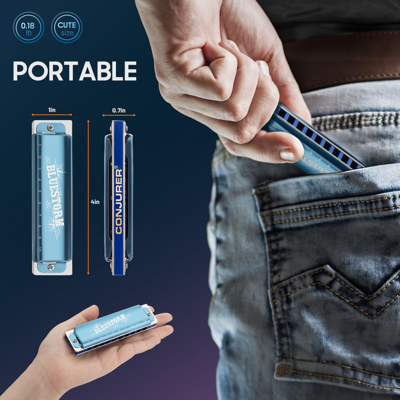 [AUSTRALIA] - CONJURER Blues Harmonica for Adult 10 Hole Diatonic Harmonica in C Key for Beginners Professionals Phosphor Bronze Reeds Brass Deluxe Mouth Organ with Case, Key of C Blue 10-hole blues (Bluestorm) C key Blue (Satin) 