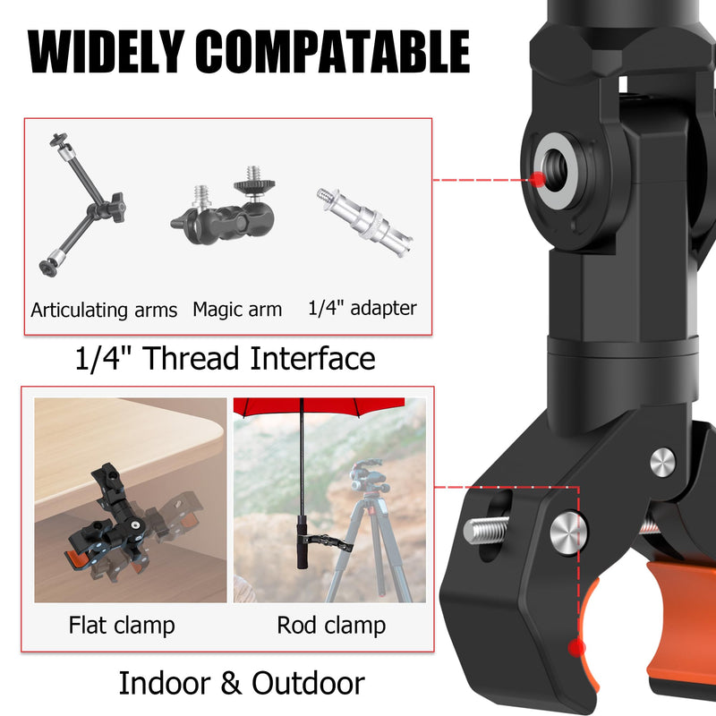 Double Clamp Mount Bracket Magic Arm with 1/4" Screw Interface, Double Super Camera Umbrella Clamp for Chair, Strollers, Photo Studio Light Stand, Motorcycle, Poles, Photography Reflector, Flag