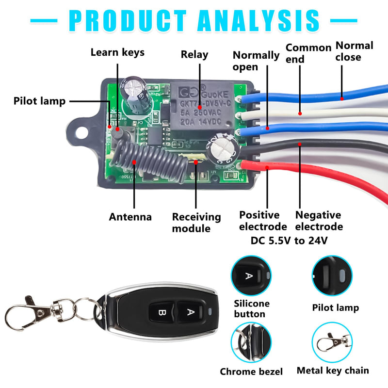 [AUSTRALIA] - Remote Control Switch, 12 V Radio Switch, DC5.5 V ~ 30 V 5 A Relay Remote Switch, 50 m Long Range Radio Switch with 2 Remote Controls for Ceiling Lights, Motor, Lamps Christmas Decoration 