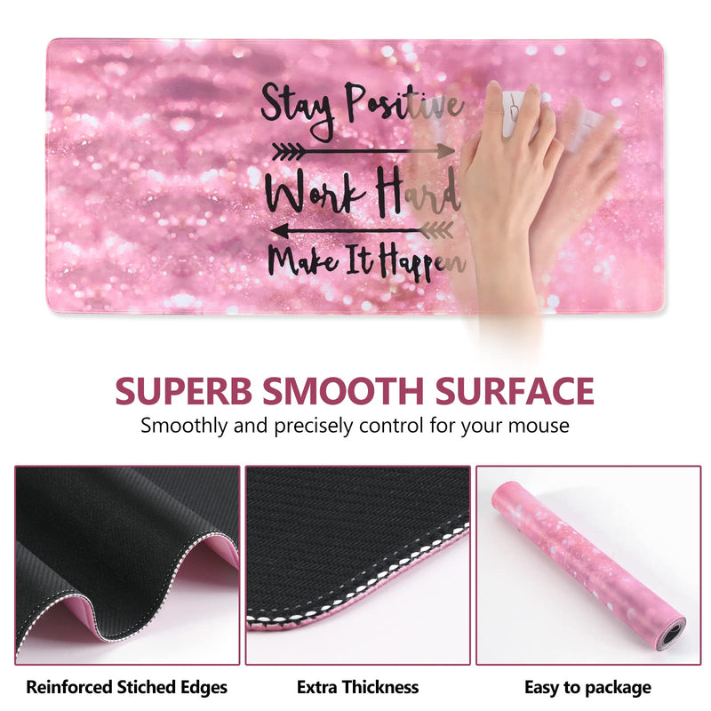 Inspirational Quote Mouse Pad, DINKY Stable Non-Slip Rubber Base Mousepads, Large Mouse Mat with Stitched Edge, Keyboard Mouse Mat Desk Pad for Office, Home(Pink Stay Positive) Pink Stay Positive