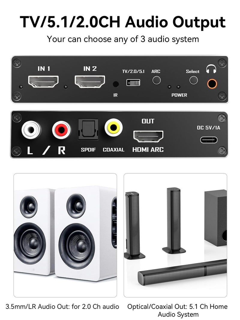 [AUSTRALIA] - HDMI Switch eARC Audio Extractor, 4K@60hz HDMI Audio Splitter with Remote, Support 7.1 Channel Audio/Optical Toslink SPDIF/Coaxial Converter HDR (Black) Black 