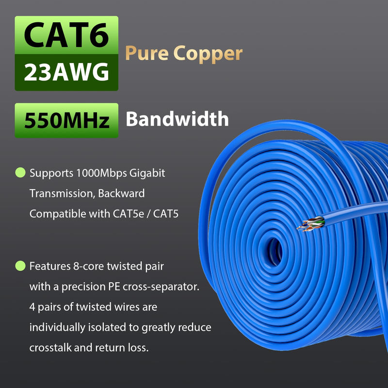 Cat 6 Bulk Ethernet Cable 150 ft, 23AWG Solid Bare Copper, High Speed Cat6 Network LAN Cable with RJ45 Connector, 550MHz 10Gbps, PoE+, UTP, Compatible with Router, Modem, Gaming, PC, Blue 150ft