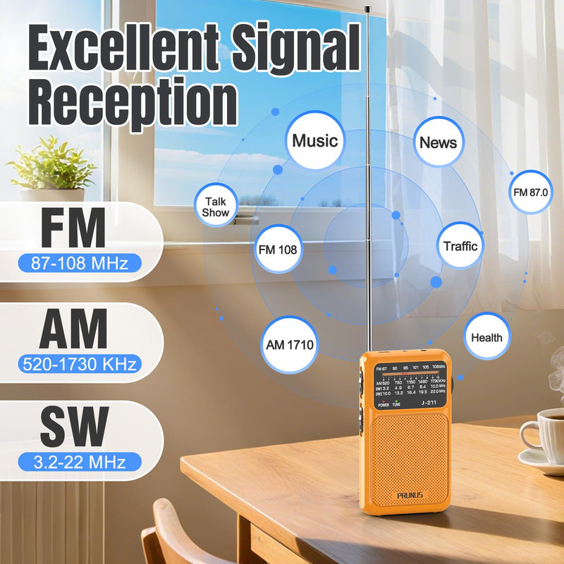 [AUSTRALIA] - PRUNUS J-211 Portable Radio AM FM with USB Charging and AA Battery Operated, Transistor Radio, Strong Reception& Clear Speaker, Headphone Jack, Back Clip, Lanyard, Small radios Portable AM FM Orange 