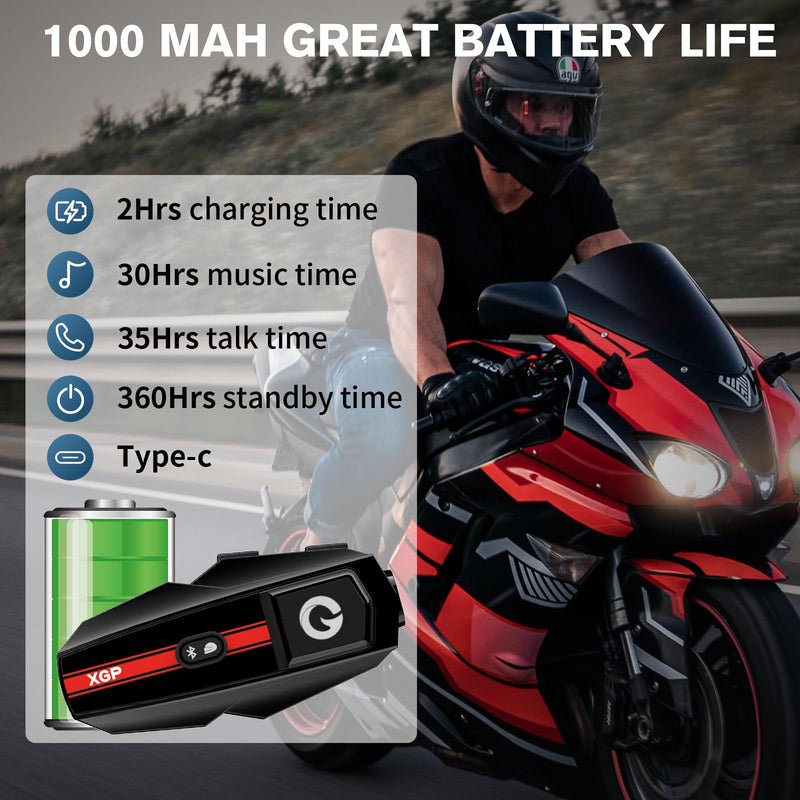 XGP Motorcycle Bluetooth Headset V5.2 with Music Sharing, 2-Way Motorcycle Helmet Bluetooth with IP67 Waterproof, Helmet Communication Intercom Systems with Hi-Fi Speakers for ATV/Snowmobile, 1 Pack