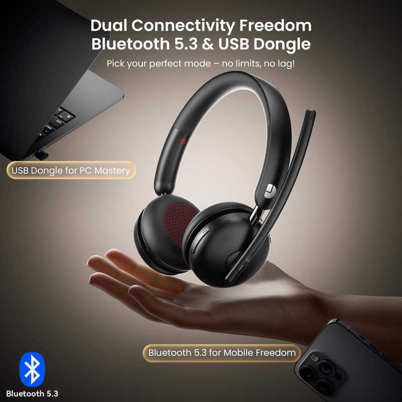 [AUSTRALIA] - Dytole Wireless Headset with Mic for Work, Bluetooth 5.3 Headset with Noise Cancelling, Wireless Headphones with Mic & USB Dongle, 65H & Mute, Ideal for PC/Call Center/Computer/Laptop/Study 
