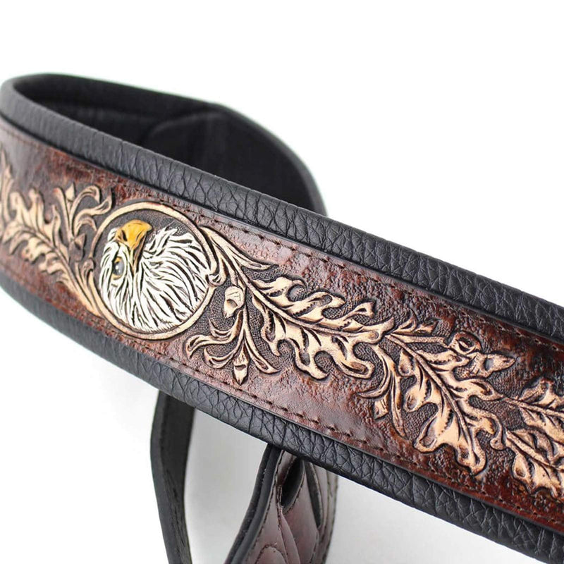 Walker & Williams KB-03-BRN Walnut Brown Full Grain Center Block Carving Leather Padded Guitar Strap With American Eagle & Oak Leaves For Acoustic, Electric, And Bass Guitars