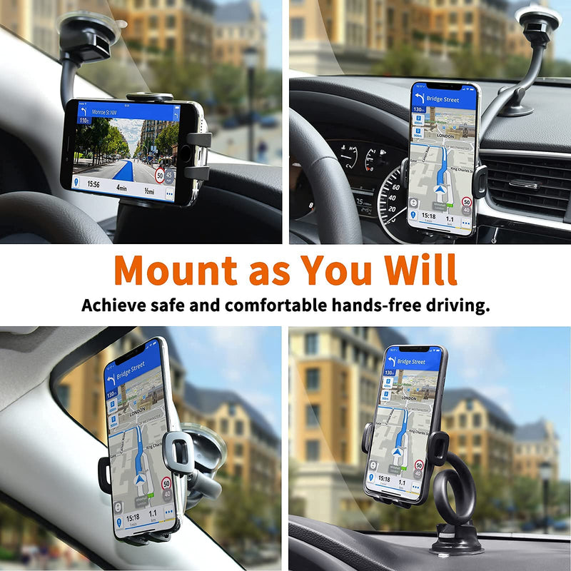 1Zero Solid Car Truck Phone Mount Holder with 14-Inch Gooseneck Long Arm, Windshield Window Mobile Holders w/Industrial-Strength Suction Cup, Anti-Shake Stabilizer Compatible All Cell Phones iPhone Black Mirror Surface with Silver Ring