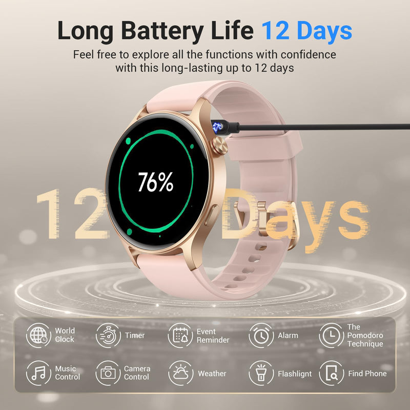 Fitpolo Smart Watch for Women,1.3" AMOLED Touchscreen Fitness Tracker, Make/Answer Calls, Heart Rate SpO2 Monitor, 3ATM Waterproof, Sleep & Activity Tracking Smartwatch for Android Phones iPhone Rose Gold
