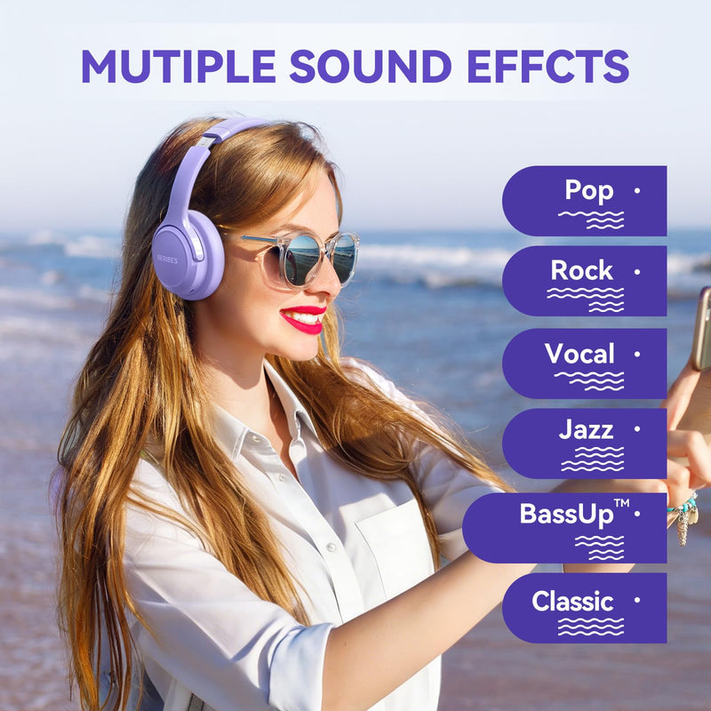 BERIBES Bluetooth Headphones Over Ear Wireless HiFi Stereo Headsets 65H 6EQ | Bluetooth 6.0,with Built-in HD Mic,Foldable Lightweight,Comfort Fit,Fast Charging,Deep Bass for Home Office Cellphone PC Ect. Purple