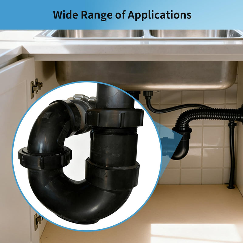Lesso ABS Adjustable P Trap1 1/2 Inch for RV Drain Bathroom Kitchen Sink Drain Pipe Tubular Kit with White Threaded Adapter Ring 1-1/2 x 1-1/2 Inch P trap-B