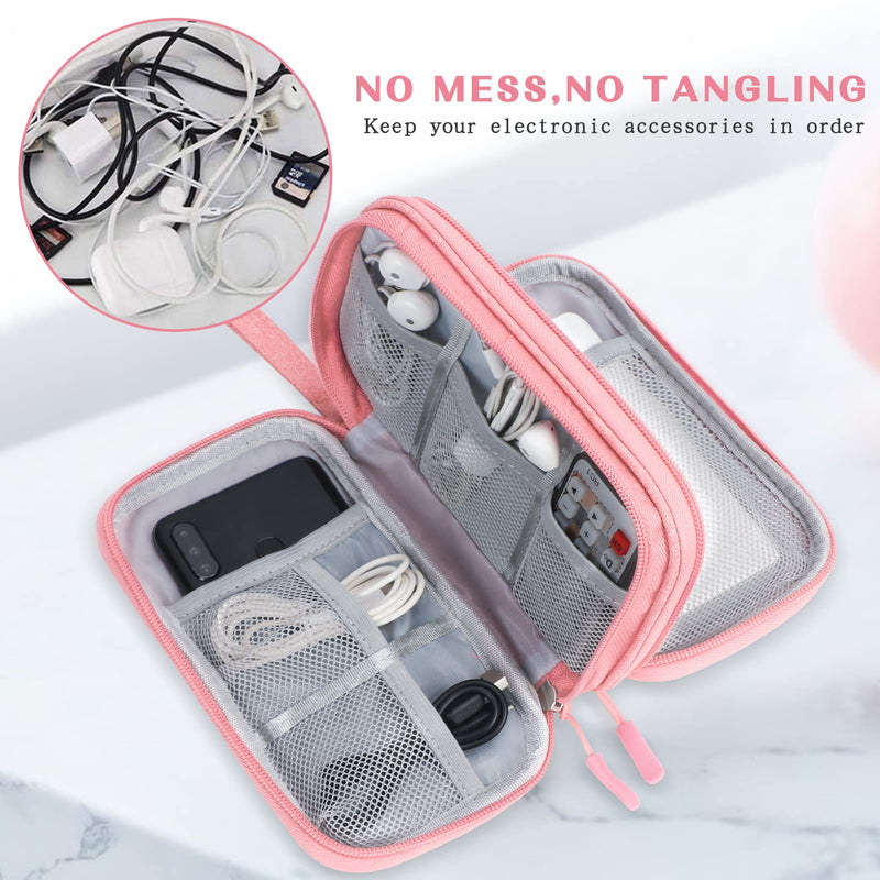 FYY Electronic Organizer, Electronic Accessories Carry Case Portable Waterproof Pouch Double Layers Storage Bag for Travel Cable, Cord, Charger, Phone, Earphone, Medium Size, Pink