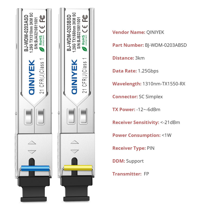 1 Pair simplex SC Module 3KM, 1.25G Single-Mode Fiber Connector, SFP-WDM-SM 1000BASE BiDi 1310nm/1550nm SFP Transceiver Module | Single-Mode Fiber Connector, SFP-WDM-SM 1000BASE BiDi 1310nm/1550nm SFP Transceiver Module, with DDM 1.25G BIDI SC
